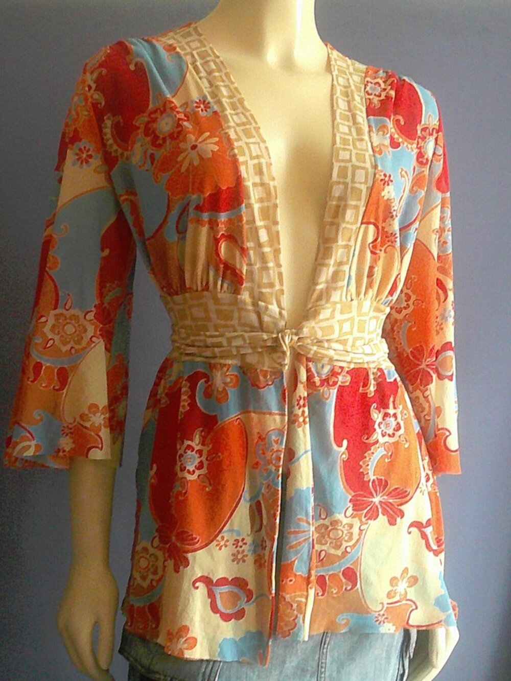Sweet Pea Floral Mesh Stretch Kimono Vintage Top XL Runs Small - Picture 2 of 10